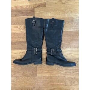 Toetos Diane Boots Womens Sz 7.5 Black Knee High Riding Buckle Zip Faux Leather